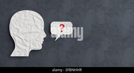 Curiosity, Question, Thinking, Communication And Uncertainty Concept. Paper Human Profile With Speech Bubble And Red Question Mark On Dark Textured Ba Stock Photo
