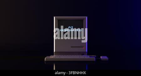 Artificial Intelligence, Generative Technology, Synthetic Content And Retro Computing Concept. Old Computer Displays AI Generated Message On Dark Back Stock Photo