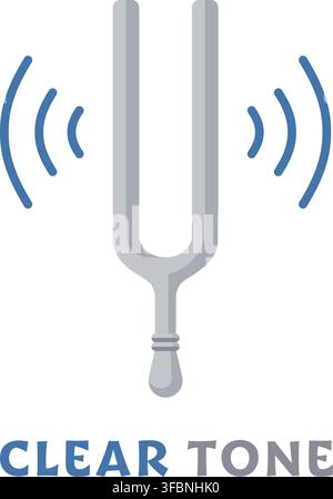 A silver tuning fork with vibration lines is paired with the English words Clear Tone. Stock Vector