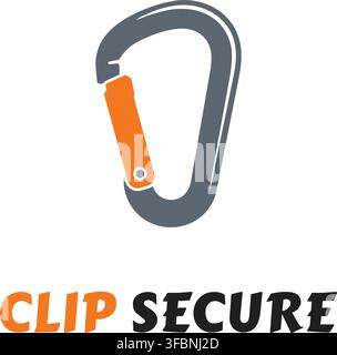 A sturdy carabiner clip is paired with the English words Clip Secure. Stock Vector