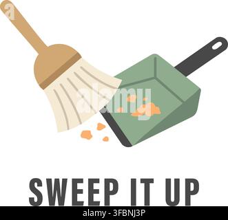 A broom and dustpan collecting small crumbs are paired with the English words Sweep It Up. Stock Vector