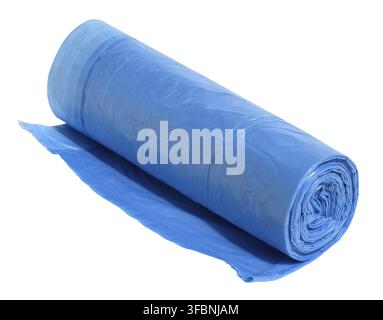 Blue plastic trash bags with strings on white background, close up Stock Photo