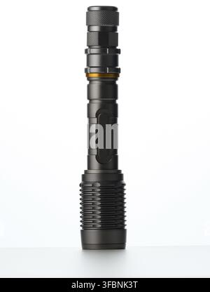 Black metal portable flashlight isolated on white background Stock Photo