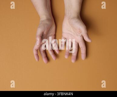 Two female hands on a brown background. Empty palms open, top view Stock Photo