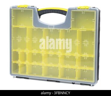 Gay plastic box with handle for tools, bolts and nuts isolated on white background Stock Photo