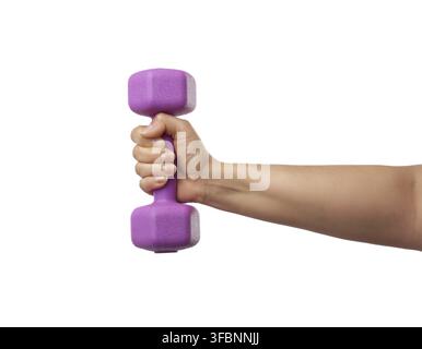 Female hand holds a plastic pink dumbbell on a white isolated background, sport concept Stock Photo