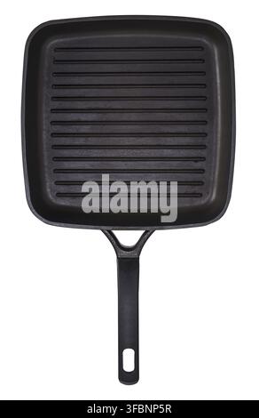Old empty black square grill pan with handle isolated on white background Stock Photo
