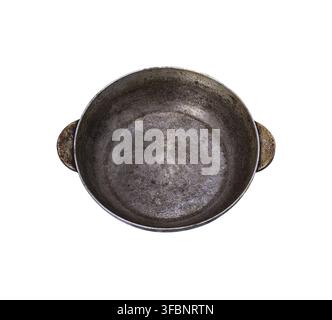 Empty old aluminum deep frying pan isolated on white background Stock Photo
