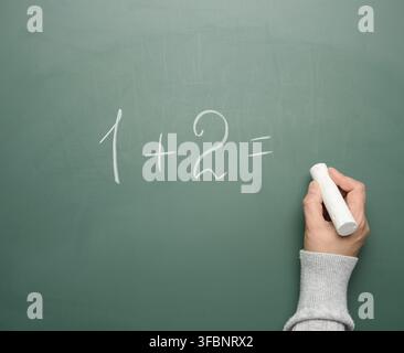 Math example written in white chalk on a green chalk board and a woman's hand with white chalk, one plus two Stock Photo