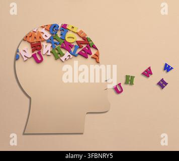 Silhouette of a human head with letters in the brain on a beige background. Concept of information processing, data analysis Stock Photo