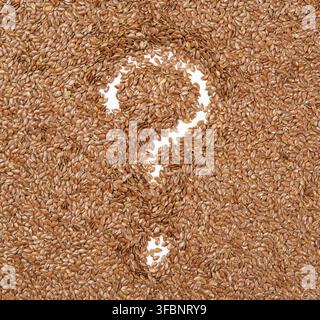 Painted question mark on scattered flax seeds, close up Stock Photo