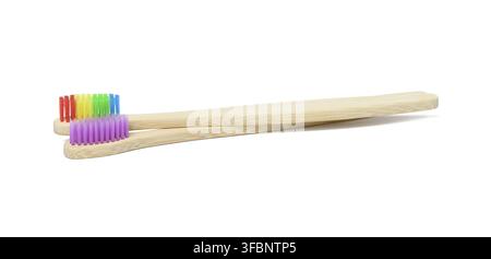 Bamboo toothbrushes on a white isolated background, recyclable Stock Photo