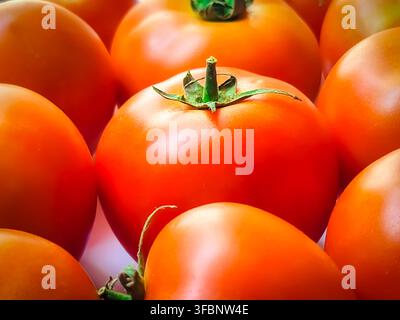 Close-up of a group of fresh, ripe tomatoes with bright red and orange colors, a background of organic and healthy vegetables. Stock Photo