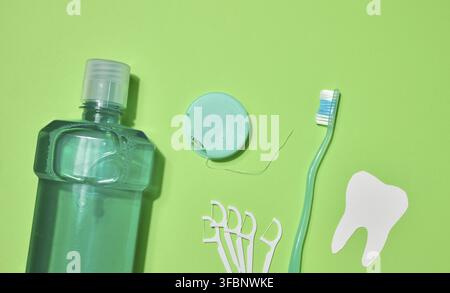 Green toothbrush, mouthwash bottle, dental floss in case, plastic floss holders on green background. Top view Stock Photo