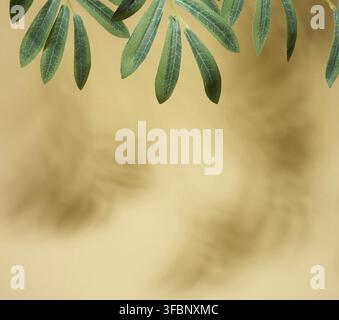 Soft, blurred shadows of leaves are cast across a solid light yellow background, creating a subtle and organic texture with copy space Stock Photo