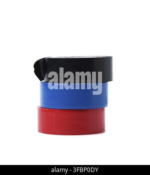 Multicolored rubber insulating tape, skeins isolated on white background, close up Stock Photo