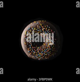 Chocolate donuts with multicolored sprinkles levitate on a black background Stock Photo