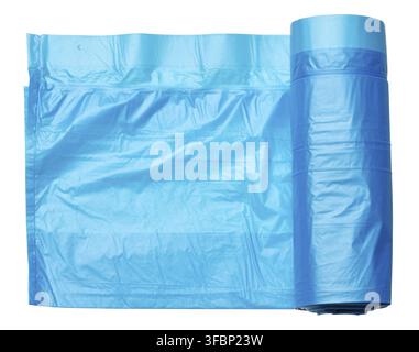 Blue plastic trash bags with strings on white background, close up Stock Photo