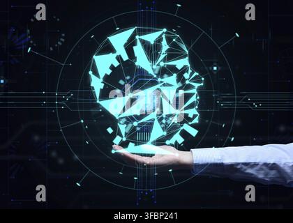 The concept of teaching artificial intelligence to various tasks, replacing human mental labor. Above the female hand is a luminous hologram of the he Stock Photo