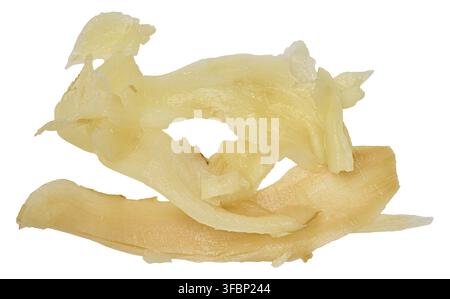 Thin slices of pickled ginger on isolated background, traditional spicy snack for sushi Stock Photo