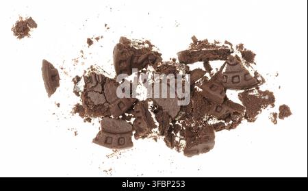 Broken chocolate chip cookies with white cream filling on white background, top view Stock Photo