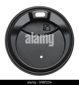 Black round plastic lid for paper cups, top view Stock Photo