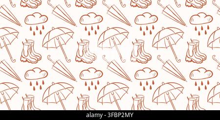 Seamless pattern with rain autumn theme, umbrella, cloud and rubber boot in line art style. Weather background. Hand drawn sketch illustration for Stock Vector