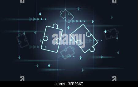 Neon puzzles on a blue abstract background, the concept of finding solutions Stock Photo