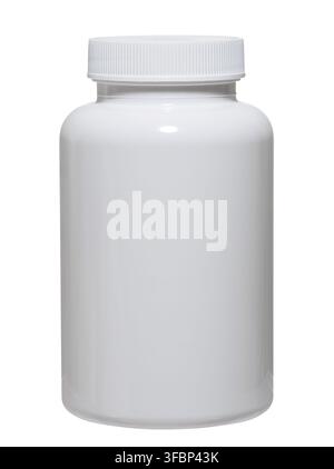 White plastic jar with ribbed lid, isolated background, close up Stock Photo