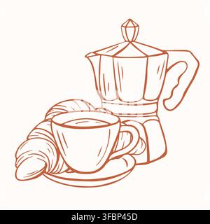 Coffee set with moka pot, cup and croissant in minimalist line art style. Morning breakfast food and drink concept. Vector illustration for menu, cafe Stock Vector