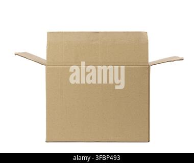 Open cardboard rectangular box made of corrugated brown paper isolated on a white background Stock Photo