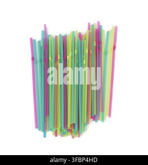 Many multi-colored plastic tubes for cocktail isolated on white background, top view Stock Photo