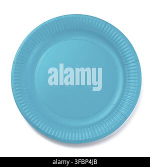 Blue empty paper disposable plate on white isolated background, top view Stock Photo