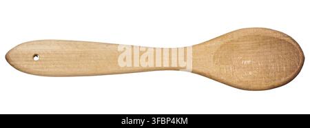 Wooden empty spoon with long handle on isolated background, top view Stock Photo