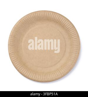 Empty brown disposable cardboard plate for food on a white isolated background, top view Stock Photo