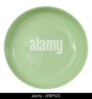 Empty round green ceramic plate on isolated background, top view Stock Photo