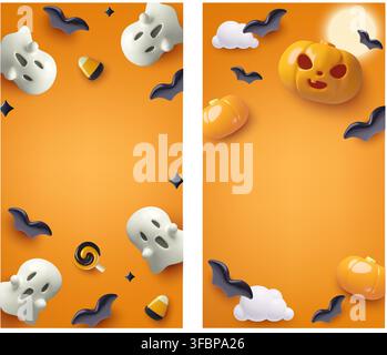Halloween vertical templates with 3D pumpkins, ghosts, bats and candies on orange background Stock Vector