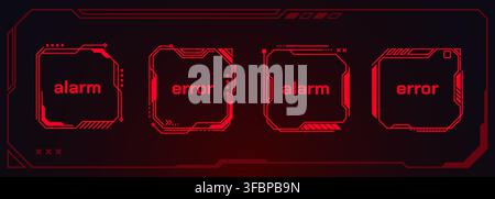 Futuristic ui frame with neon glowing hud elements on black background. Vector realistic illustration of holographic error interface design, red game screens, tech dashboards, cyberpunk square borders Stock Vector