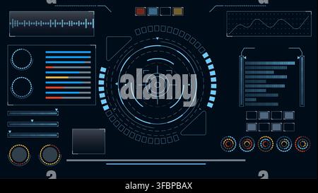 Realistic spaceship control dashboard ui with holographic tech frames, military targeting system, futuristic hud interface elements on black background, vector illustration of game panel design Stock Vector
