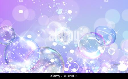 Rainbow soap bubbles floating on purple gradient background. Vector realistic illustration of sparkling foam and water spheres with iridescent reflections, dreamy pastel backdrop for magic fun design Stock Vector