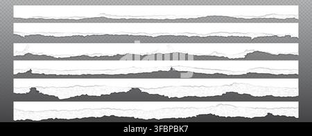 Ripped paper strips with torn edges isolated on transparent background. Vector realistic set of white sheet fragments with rough textures for grunge banners, old damaged newspaper or letter design Stock Vector