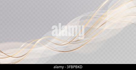 Luxury golden waves flow on transparent background. Vector realistic illustration of abstract pattern with soft gold and smoke curves, elegant light effects for sophisticated design presentations Stock Vector