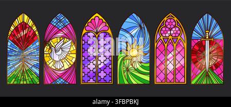 Gothic church windows set with ornate frames isolated on black background. Vector realistic illustration, medieval cathedral architecture with stained glass, vintage religious patterns, classic arches Stock Vector