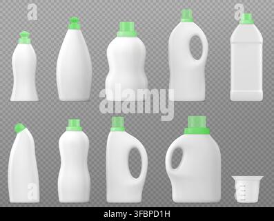Realistic plastic detergent bottle mockups isolated on background. Vector illustration of blank 3D laundry product container, white package with green cap for cleaning liquid, soap or softener Stock Vector
