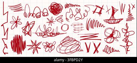 Hand drawn scratches, squiggly pen marks and scribble doodles on grid paper page background. Vector realistic pack of abstract brush strokes, pencil sketches, black marker elements for school design Stock Vector