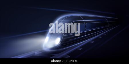 Futuristic railway transport technology, high-speed train moving fast on black background. Vector abstract illustration of sleek metro or city express with neon blue design, urban subway system Stock Vector