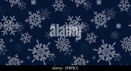 Winter snowflakes seamless pattern on dark blue background with line ice crystal shapes Stock Vector