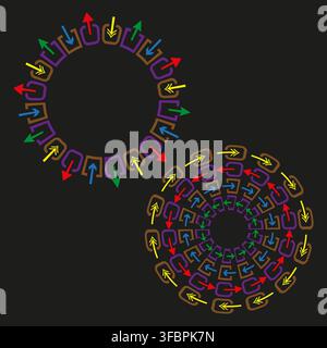 Arrow circle spiral mandala vector set features colorful rotation wheel. It visualizes dynamic tech motion cycle eps 10 Stock Vector