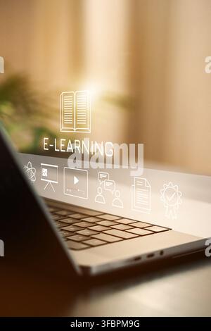 E learning concept shown on a laptop screen in a bright indoor space during the day Stock Photo