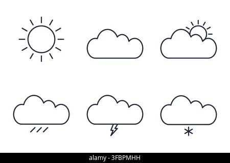 Modern line art weather icons pack. Outline stroke sun, cloud, rain and snow elements Stock Vector